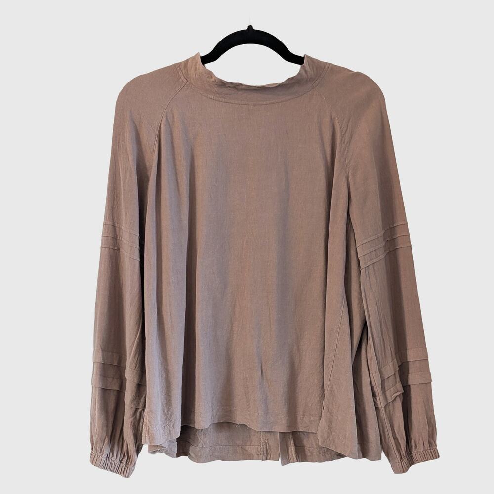 Poetry Linen Viscose Button Back Blouse US 12 Taupe Relaxed Long Sleeve
